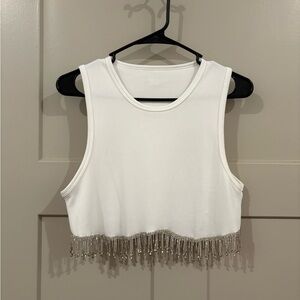White Crop Top with Silver Fringe